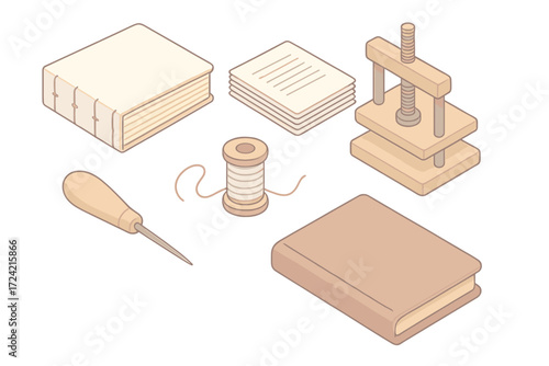 Handcrafted Notebook Icons. Isometric vector illustration set Handcrafted notebook making: bookbind cover stitch page, stack of