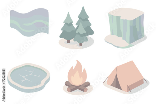 Aurora Camp in Wilderness. Isometric vector illustration set Polar landscape lights: aurora polar light shimmer, glacier cliff,