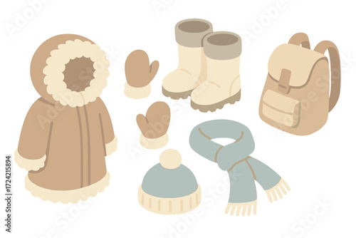 Arctic Winter Clothing Icons. Isometric vector illustration set Arctic winter clothing: fur parka hood warm, snow boots, mittens,