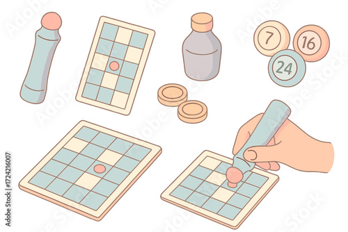 Bingo Game Essentials. Isometric vector illustration set Bingo player tools: bingo dauber number card, ink bottle, round chips,