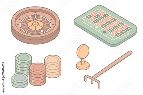Roulette Game Elements. Isometric vector illustration set Roulette game play: roulette wheel ball casino, green table layout,