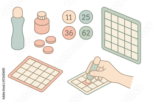Bingo Game Essentials. Isometric vector illustration set Bingo player tools: bingo dauber number card, ink bottle, round chips,