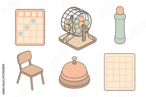 Bingo Essentials Isometric. Isometric vector illustration set Bingo game layout: bingo dauber number card, cage with numbered
