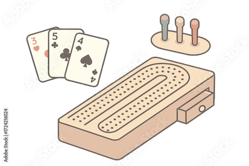 Cribbage Scoring Tools. Isometric vector illustration set Cribbage scoring tools: cribbage peg board points, cards in play, player