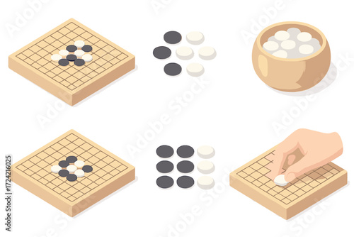 Traditional Go Board Icons. Isometric vector illustration set Traditional Go board play: go stone capture territory, black and