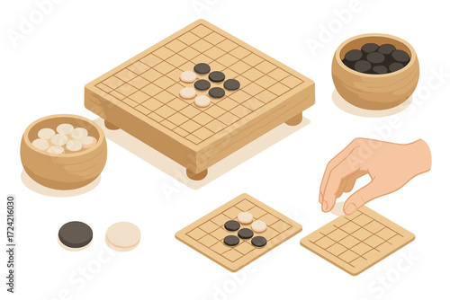 Traditional Go Board Icons. Isometric vector illustration set Traditional Go board play: go stone capture territory, black and