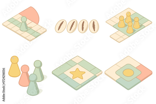 Pachisi Game Elements. Isometric vector illustration set Pachisi game elements: pachisi pawn home path, track pieces, cowrie shell