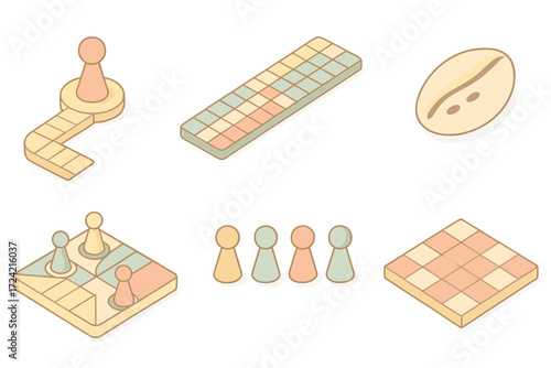 Pachisi Game Elements. Isometric vector illustration set Pachisi game elements: pachisi pawn home path, track pieces, cowrie shell