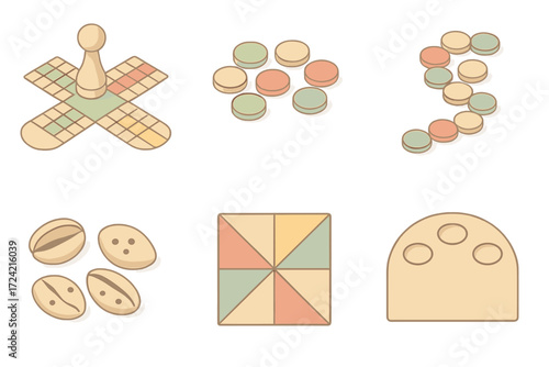 Traditional Board Game Icons. Isometric vector illustration set Traditional board game tools: pachisi pawn home path, wooden token