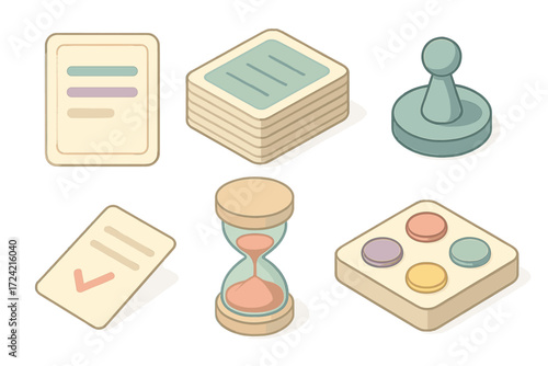 Trivia Game Icons. Isometric vector illustration set Knowledge game round: trivia card question answer, card deck, guessing token,