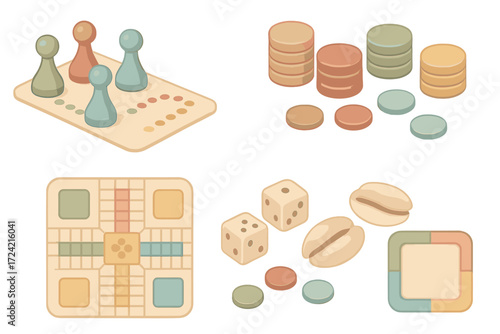 Traditional Board Game Icons. Isometric vector illustration set Traditional board game tools: pachisi pawn home path, wooden token
