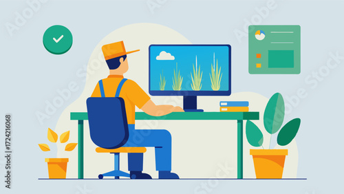 A farmer sits at their desk monitoring crop health and yield projections on their computer screen powered by AIdriven farm analytics.. Vector illustration