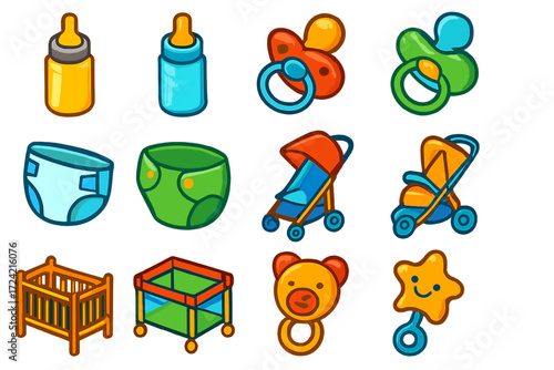 Colorful Baby Essentials. Isometric vector illustration set baby icons: wide-neck baby bottle, narrow-neck bottle, orthodontic