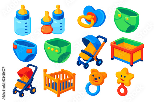 Colorful Baby Essentials. Isometric vector illustration set baby icons: wide-neck baby bottle, narrow-neck bottle, orthodontic