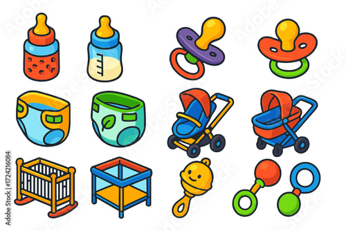 Bold Baby Essentials. Isometric vector illustration set baby icons: glass bottle with silicone sleeve, wide-neck anti-colic bottle