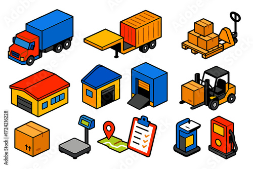 Trucking & Haulage Icons. Isometric vector illustration set Trucking and Haulage: semi truck, flatbed trailer, cargo container,