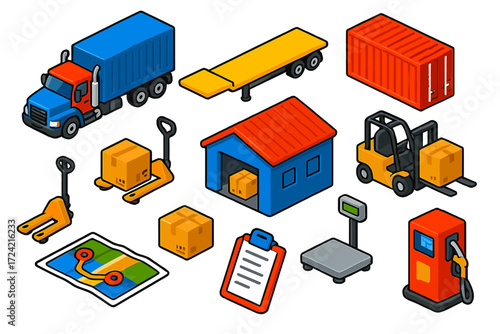 Trucking & Haulage Icons. Isometric vector illustration set Trucking and Haulage: semi truck, flatbed trailer, cargo container,