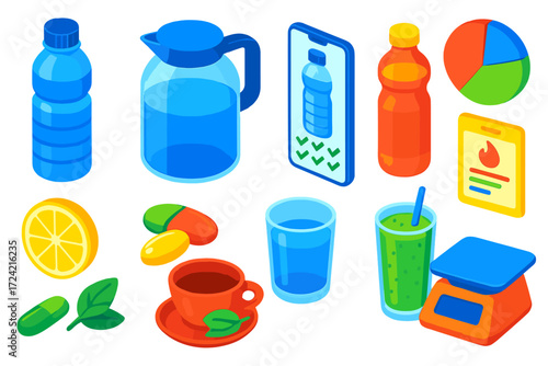 Hydration and Wellness Icons. Isometric vector illustration set Hydration and Wellness: water bottle, water jug, hydration tracker