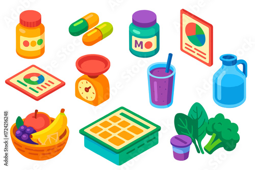 Colorful Nutrition Icons. Isometric vector illustration set Micronutrients and Vitamins: vitamin bottle, supplement capsules,
