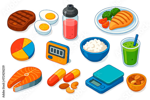 High Protein Diet Icons. Isometric vector illustration set High Protein Diet: grilled steak, boiled eggs, protein shake, chicken