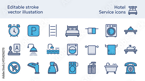 Collection of hotel service icons in a clean silhouette style representing amenities and facilities for guests at a resort or accommodation silhouette