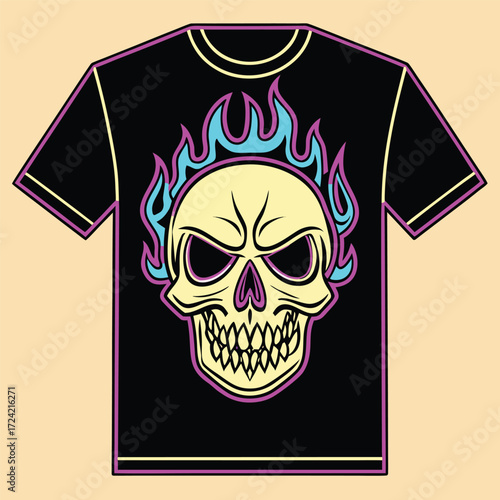 Edgy flaming skull t-shirt design with vibrant neon accents and streetwear appeal