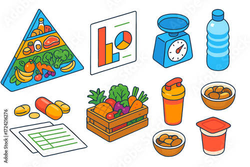 Colorful Nutrition Icons. Isometric vector illustration set Food Pyramid: food pyramid diagram, calorie chart, macro nutrient