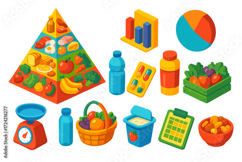 Colorful Nutrition Icons. Isometric vector illustration set Food Pyramid: food pyramid diagram, calorie chart, macro nutrient