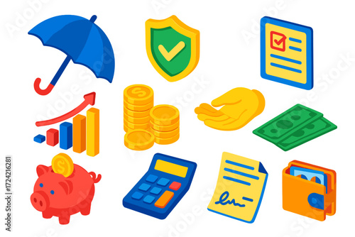 Retirement Planning Icons. Isometric vector illustration set Retirement Planning: umbrella, shield, claim form, growth chart, coin