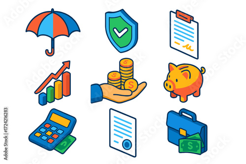 Retirement Planning Icons. Isometric vector illustration set Retirement Planning: umbrella, shield, claim form, growth chart, coin