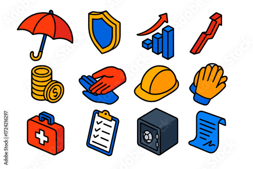 Personal Safety Icons. Isometric vector illustration set Personal Safety Insurance: umbrella, shield, claim form, upward trend