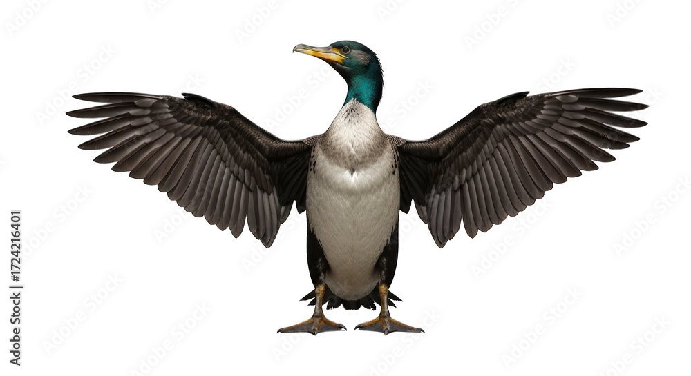 Obraz premium Cormorant spreading wings, feathers detailed, white chest, against black