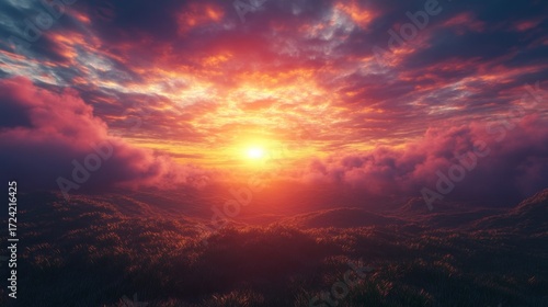 An enchanting sunset casting warm colors over rolling hills, creating a serene atmosphere filled with natural beauty and tranquility.