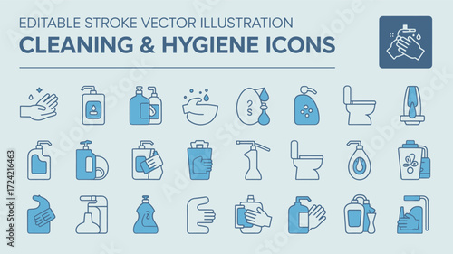 Collection of editable stroke vector illustrations featuring cleaning and hygiene icons in a distinctive silhouette style