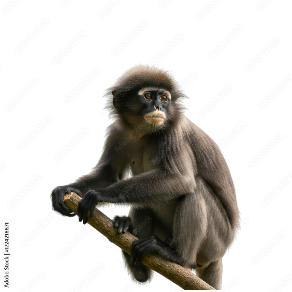 Fototapeta premium Dusky leaf monkey perched on branch, against black void, thoughtful expression