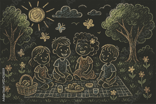 Group of kids having picnic on a sunny day in the park. Chalk drawing style childhood and friendship concept, vector illustration
