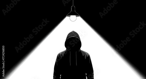 Mysterious hooded figure under spotlight in dramatic silhouette art
