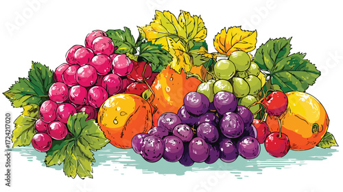 Fresh Ripe Fruits Assortment with Juicy Grapes - Nutrition Concept