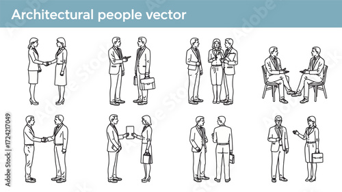 Collection of architectural sketch style people silhouettes engaged in conversations and handshakes for design projects silhouette