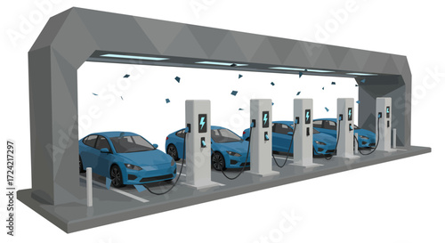 Futuristic electric car charging station with geometric canopy design