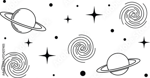 Black and white space icon set with planets, spiral galaxies, and stars, vector illustration for astronomy and sci-fi design use