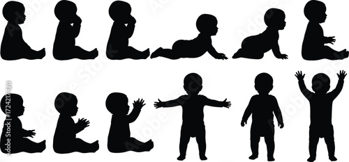 Baby development silhouette sequence from sitting to crawling and standing, black vector icons for parenting, growth, and educational design use