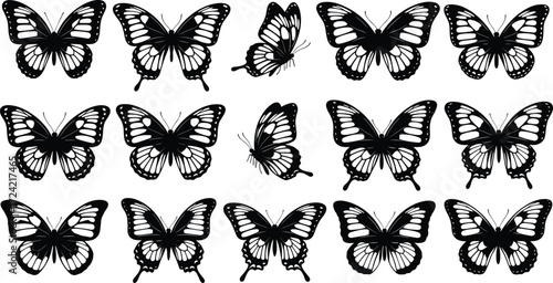 Butterfly Silhouette Pattern with White Spots and Side Profiles for Nature, Entomology, Decorative, Tattoo, and Vector Design Themes