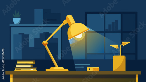 A golden desk lamp adds warmth and sophistication to the otherwise modern office setup.. Vector illustration