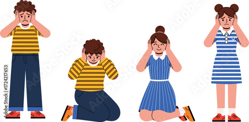 Cartoon children holding heads in distress and discomfort, vector illustration for emotional education, empathy, and behavioral awareness design use