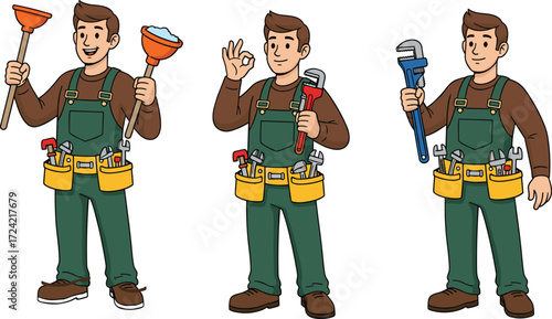 Cartoon plumber character set with tools and expressive poses, vector illustration for service, repair, and instructional design use