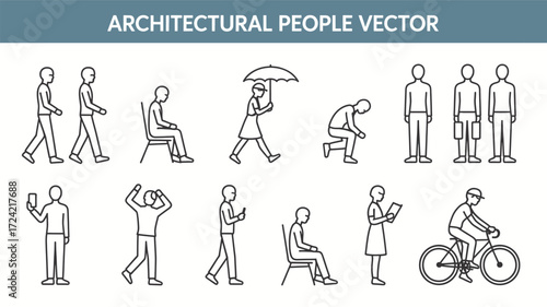 Collection of architectural people vector silhouettes in various poses and activities for design projects silhouette