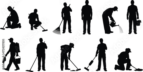Cleaning and Maintenance Worker Silhouettes Performing Tasks with Tools for Janitorial, Hygiene, Service, Garden, and Occupational Training Themes