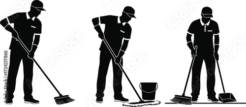 Cleaning Staff Silhouette Set with Mop, Broom, and Bucket for Janitorial, Sanitation, Workplace Safety, and Service Industry Themes