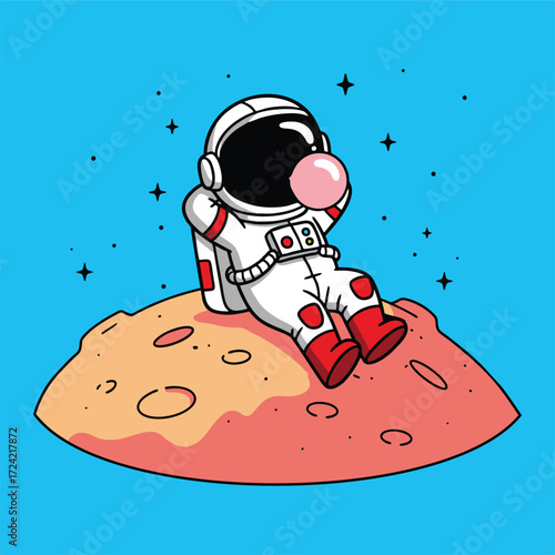 Astronaut Sitting on Planet Blowing Bubble Gum Cartoon Illustration